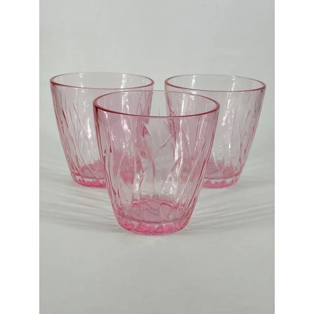 Pottery Barn Pink Swirl Double Old Fashioned Short Tumblers Flashed cut Glass